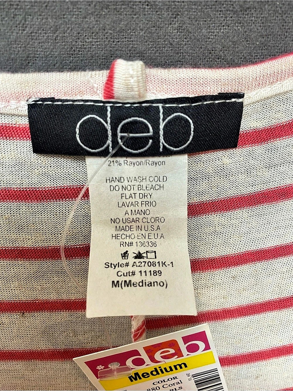 deb Striped Cowl Neck Rayon Tee in Red & Cream Size Medium NWT - Picture 4 of 8